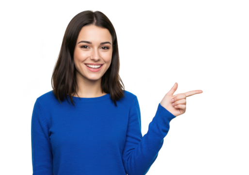 A happy young woman with short dark hair smiles and points to the right, wearing a blue sweater, isolated on a transparent background