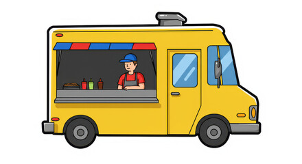 Cartoon Style Food Truck with Happy Vendor and White Border