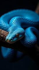 Azure Blue Snake: A mesmerizing blue snake, coiled around a branch, captivates with its vibrant color and intense gaze against a dark background.