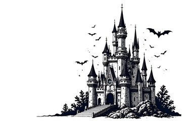 Obraz premium Enchanted castle illustration with gothic architecture, surrounded by bats and trees, creating a mysterious atmosphere perfect for Halloween-themed designs and storytelling