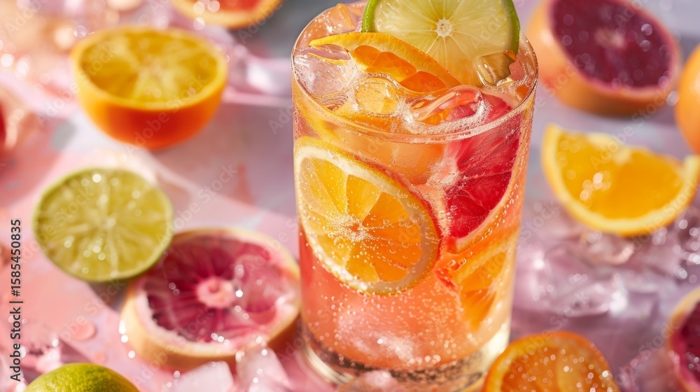 Poster a colorful and vibrant display of cacao water and slices of various citrus fruits showcasing the fun