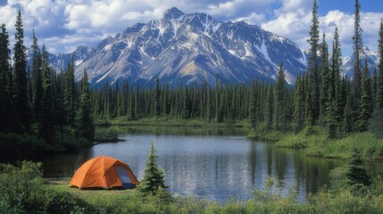  Orange Camping Tent in Forest Under Tall Trees