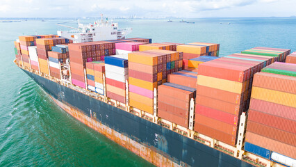 Side Cargo Container ship the ocean ship carrying container and running for import export concept...