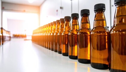Amber bottles on a production line