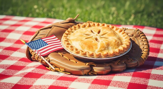 A pie sits on a baseball glove next to an American flag, all on a red and white checkered blanket outdoors.