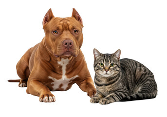A brown pitbull dog and a tabby cat lying together on a transparent background in a studio