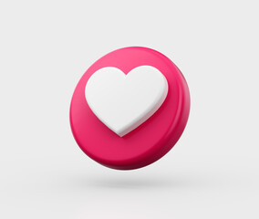 3d Pink button with a white heart symbol, representing a "like" or "love" icon, 3d illustration