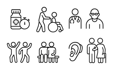 Elderly Care Icons. Outline icon set of elderly care and support: medication reminder, wheelchair assistance,