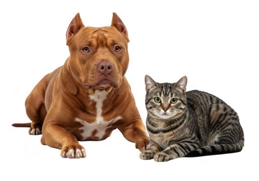 A brown pitbull dog and a tabby cat lying together on a transparent background in a studio
