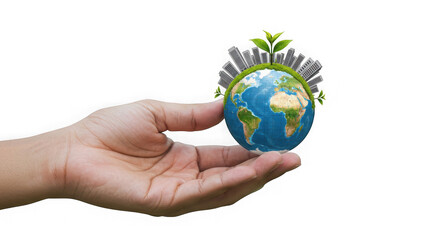Hand holding earth globe with buildings and plants on a transparent background