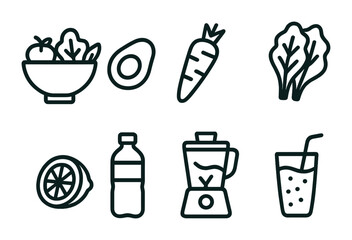 Fototapeta premium Healthy Cooking Icons. Outline icon set of healthy cooking: salad bowl, avocado, carrot, leafy greens, lemon,