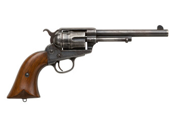 A vintage revolver pistol with a wooden handle, isolated on a transparent background