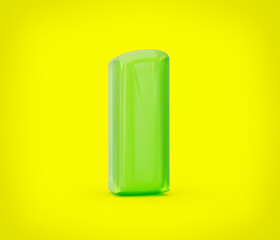 Green colorful shiny jelly alphabet I isolated on yellow background. 3d illustration