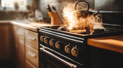 Steaming kettle on a stove, kitchen interior