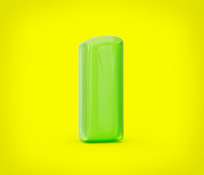Green colorful shiny jelly alphabet I isolated on yellow background. 3d illustration