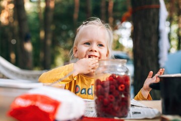 Little girl enjoying fresh raspberries at a camping table