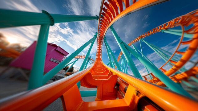 Vibrant roller coaster track seen from a low fish-eye perspective under clear sky