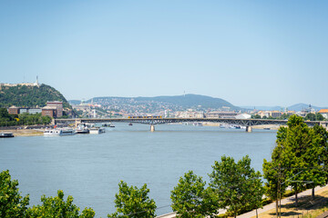 Naklejka premium Budapest Danube River Panorama with Bridge and Hills