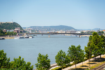 Naklejka premium Budapest Danube River Panorama with Bridge and Hills
