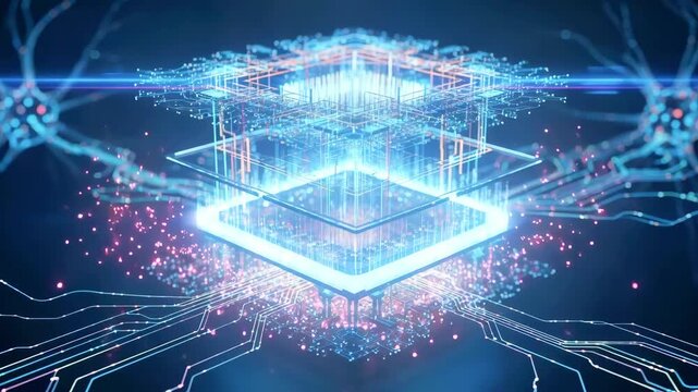 Abstract visualization of a futuristic quantum computer with glowing circuits and vibrant particles