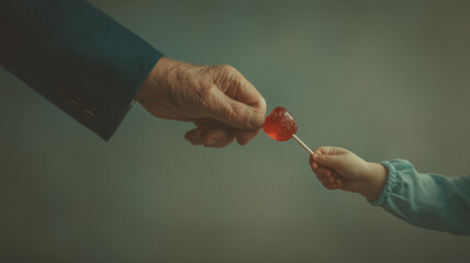 男性が幼児にルビーレッドのキャンディを渡す場面