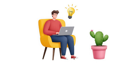 Man sitting with laptop and idea bulb next to a cactus on a transparent background