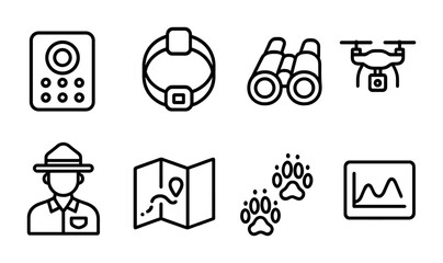 Wildlife Monitoring Icons. Outline icon set of wildlife monitoring: camera trap, GPS collar, binoculars, drone