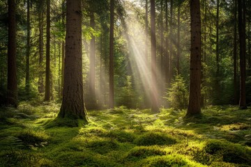 Obraz premium In the coniferous forest at dawn, sunlight filters through the branches and fog, surrounded by saturated green ferns and various other plants