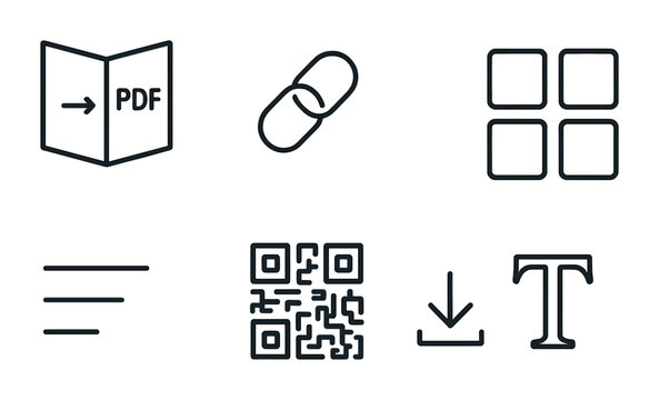 Digital Brochure Icon Set. Outline icon set of Digital brochure elements: interactive PDF, hyperlinks, video