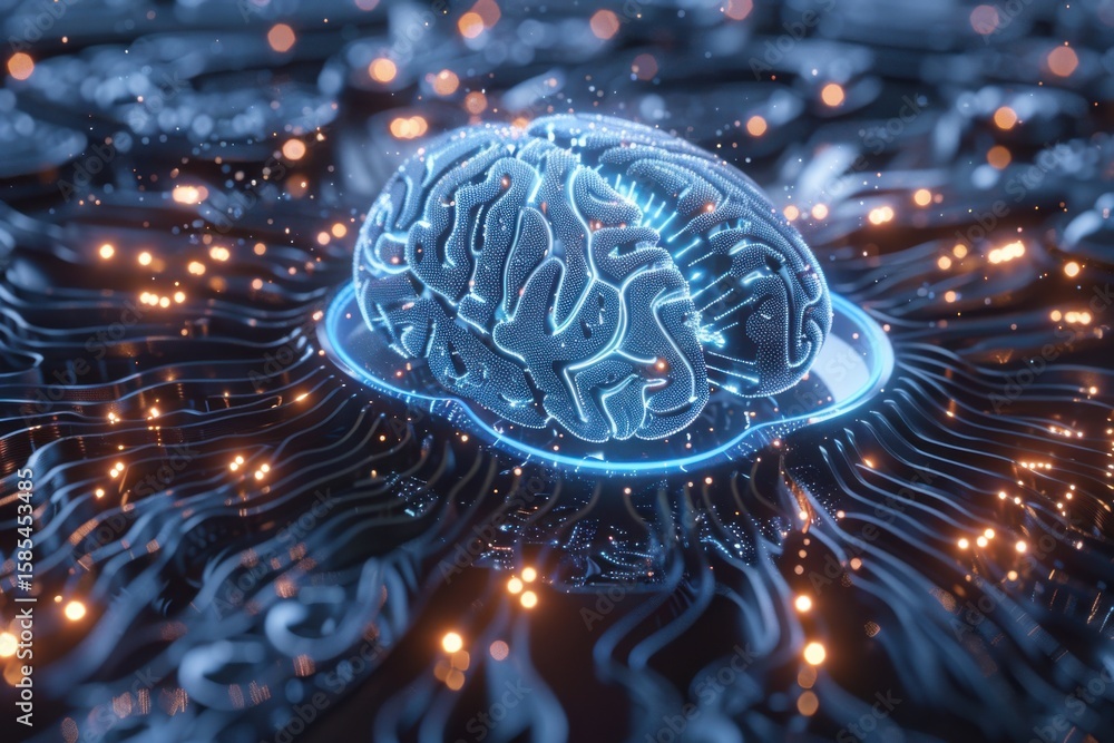 Poster ai brain chip with holographic neural network and glowing pathways