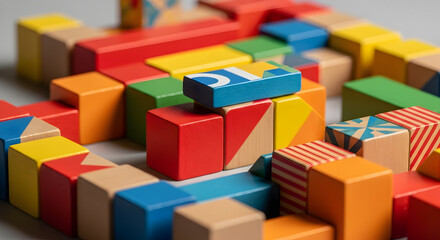 Obraz premium Colorful toy blocks arranged in an educational setting for creative play and learning, highlighting educational games and imaginative play for kids