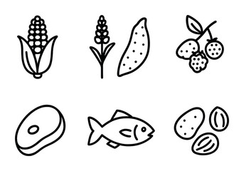 Indigenous Food Icons. Outline icon set of Indigenous food sources: maize, quinoa, cassava, wild berries, game