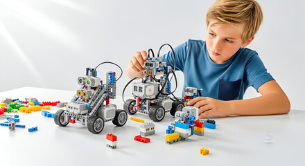 Young boy building and interacting with three small robots made of colorful plastic blocks on a white surface.