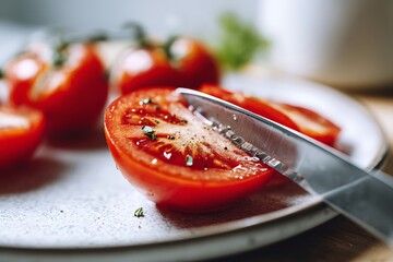 A sharp knife slicing fresh tomato on a plate, symbolizing the importance of fresh ingredients in healthy, balanced meals.