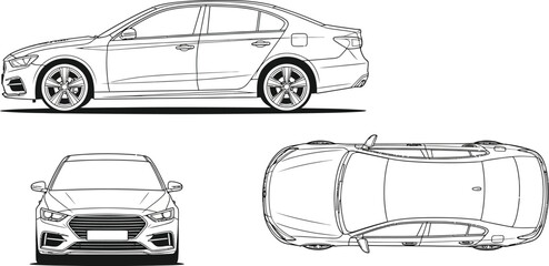 Detailed line drawing of a modern sedan car from side, front, and top views, isolated on white background