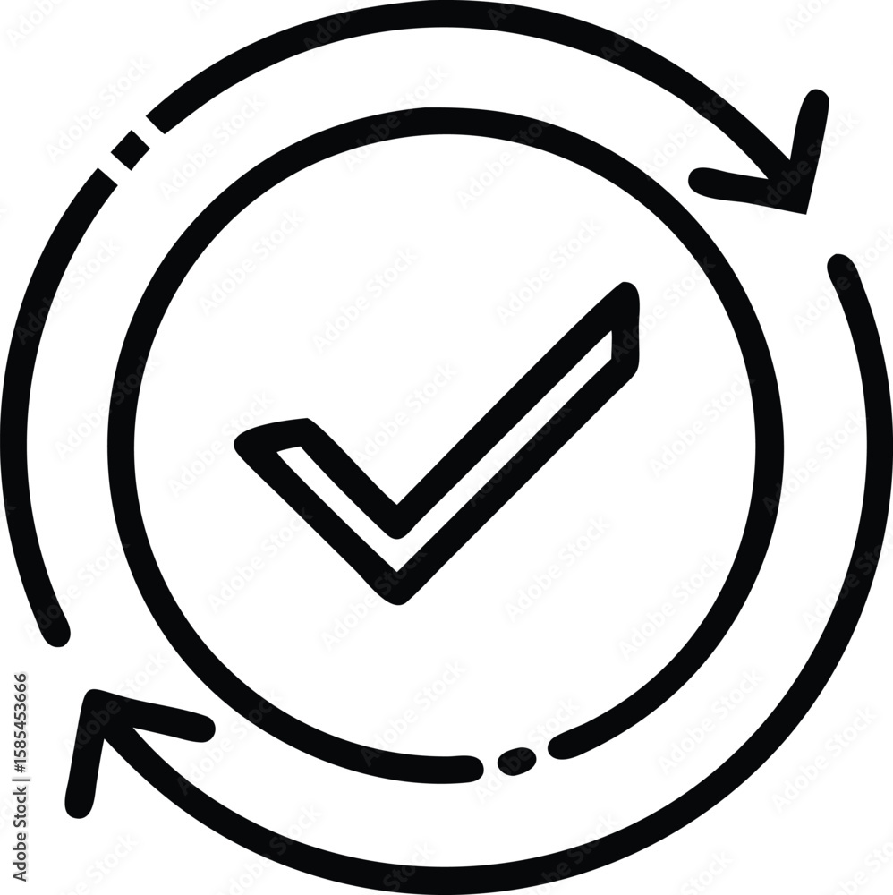 Poster checkmark inside circle with arrow icons showing refresh symbol line art
