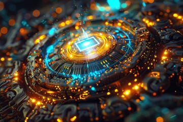 Exploration of an AI brain with glowing microchip in a cyberpunk aesthetic