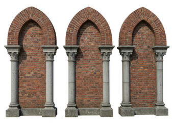 Three gothic archways with stone columns and brick walls are isolated on a transparent background
