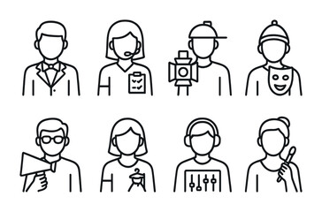 Fototapeta premium Theater Staff Icons. Outline icon set of Theater staff and roles: usher, stage manager, lighting technician,