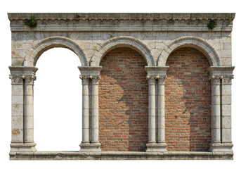 A classical stone facade with three arches and columns is isolated on a transparent background