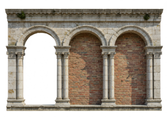A classical stone facade with three arches and columns is isolated on a transparent background
