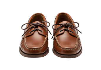 A pair of classic brown leather boat shoes with laces, isolated on a transparent background