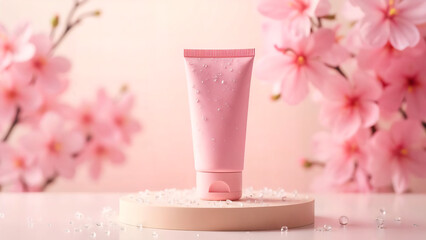 Beauty Product Displayed with Cherry Blossoms: a pink cosmetic tube with gentle water droplets, placed upon a podium amid the backdrop of fresh cherry blossoms, evokes feelings of skincare, self-care.