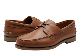 A pair of classic brown leather boat shoes with laces, viewed from the side, isolated on white isolated on transparent background