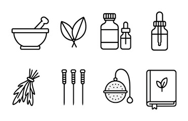 Herbal Icon Set. Outline icon set of Herbal medicine and remedies: mortar and pestle, herbal leaves, tincture