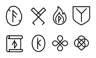 Ancient Runes Icons. Outline icon set of ancient runes: carved stone, binding symbol, flame rune, protection