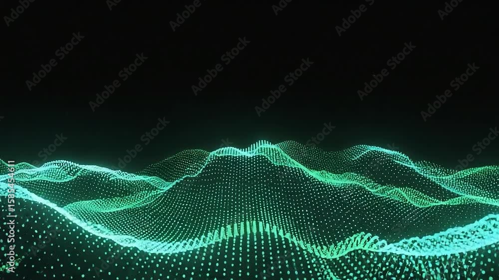 Poster green and black image of a mountain range with a lot of dots. the image has a futuristic and abstrac