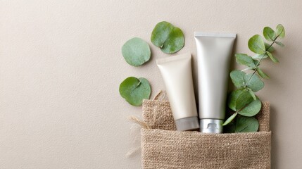 Cosmetic bottles with eucalyptus flowers towels and linen on pastel background top view flat lay natural organic skincare and spa concept perfect for beauty product branding body care wellness design