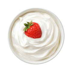 Overhead View of Creamy Whipped Cream with a Fresh Strawberry in a White Bowl