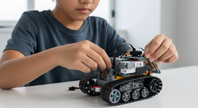 Focused young boy meticulously assembles a robotic tracked vehicle, showcasing STEM learning and hands-on engagement. - Powered by Adobe